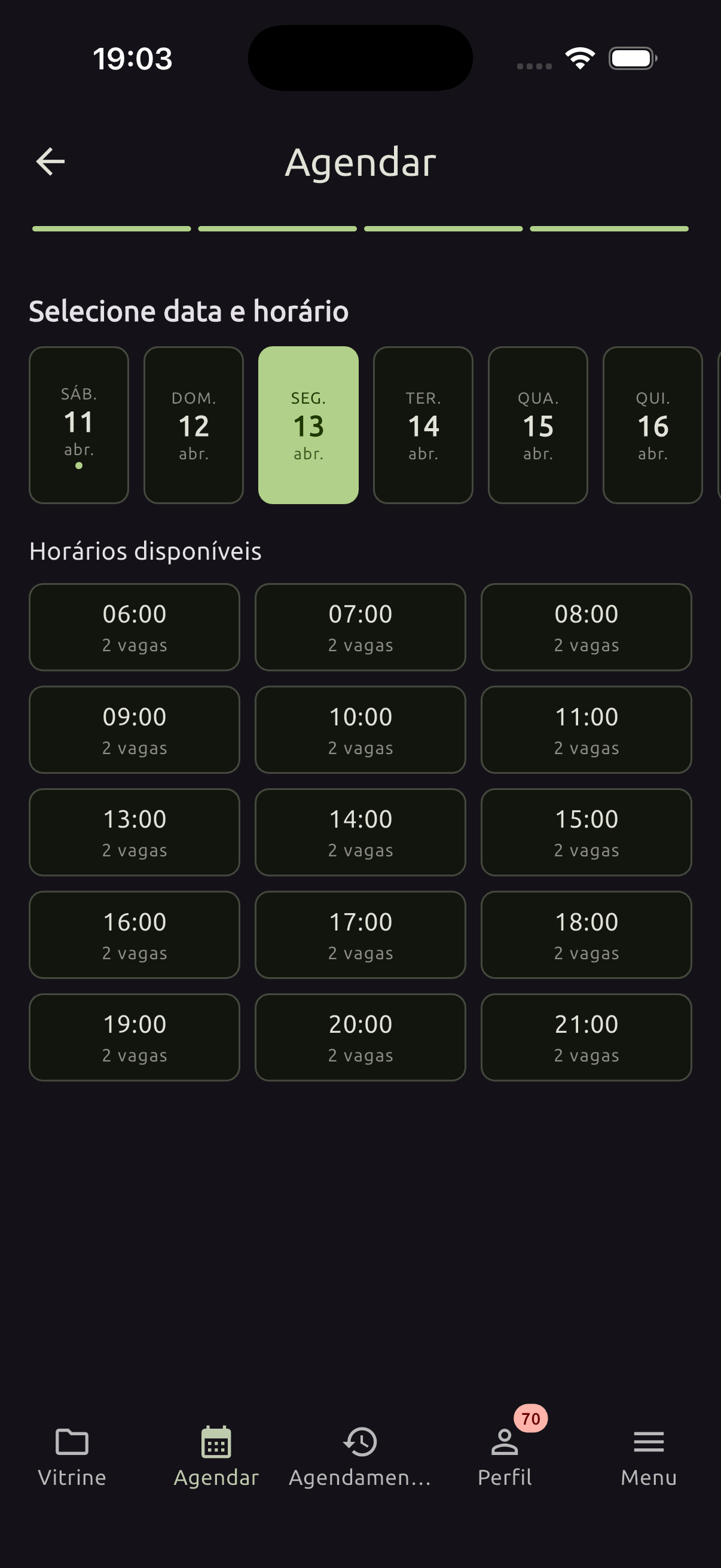 Tela de agendamento de aulas do aplicativo