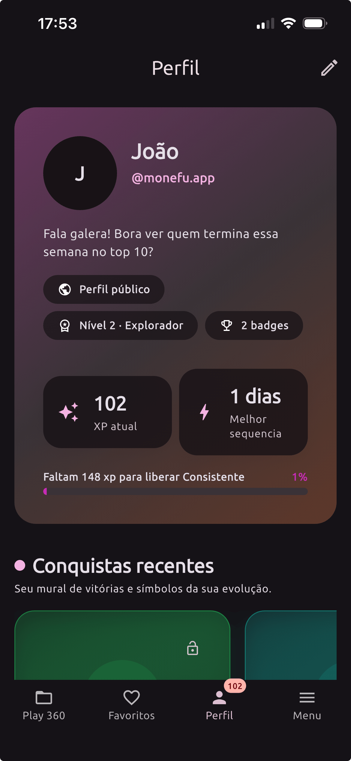 Tela de comunidade e conquistas do aplicativo